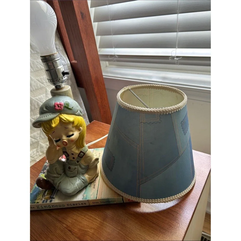 1977 Sears & Roebuck LittleGirl in Denim Lamp with Shade. H 15 in